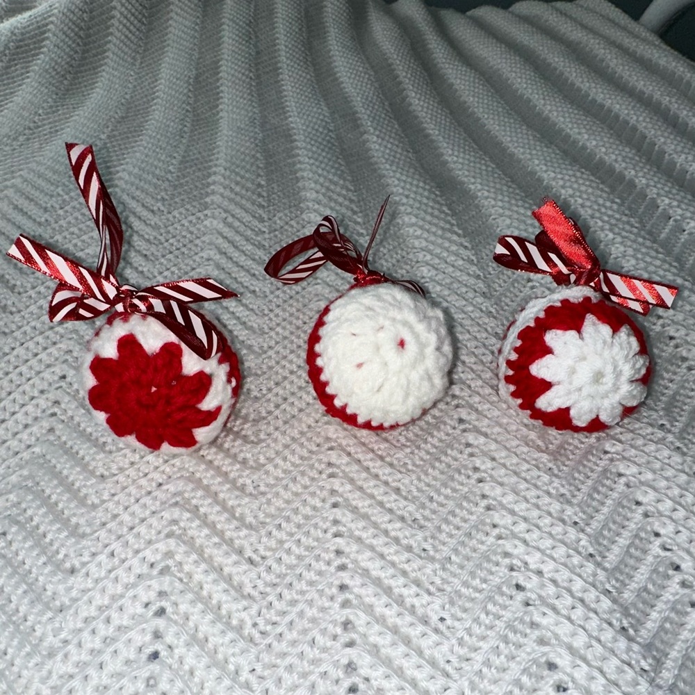 3 Hand Crocheted Red and White Christmas Ornaments- new